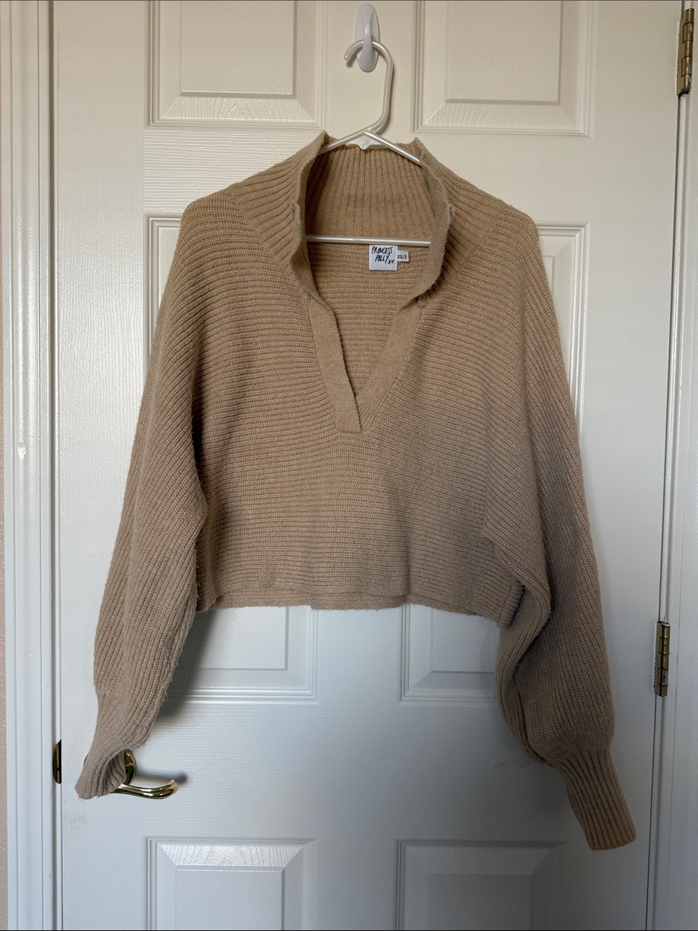 Princess Polly Ribbed V‑Neck Cropped Sweater - Beige